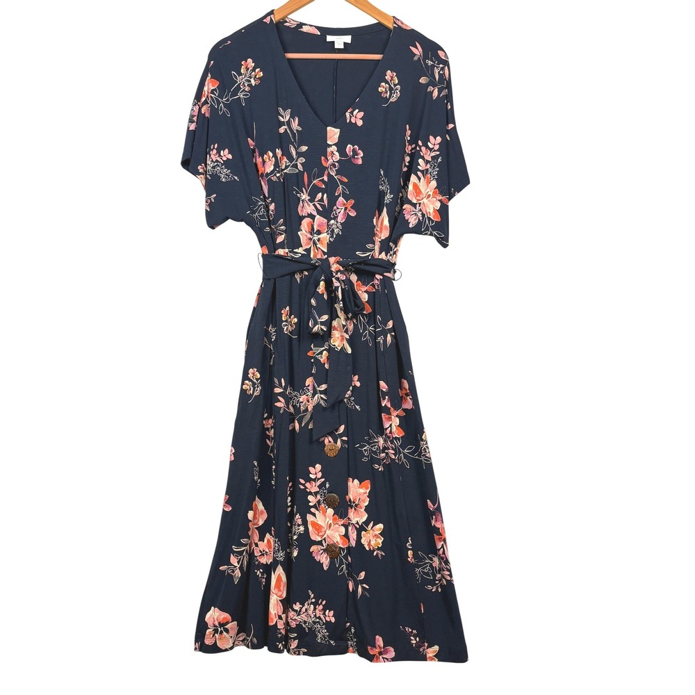 J. Jill Dolman Sleeve V-Neck Midi Dress Sz PM Navy Floral Knit Modest Spring